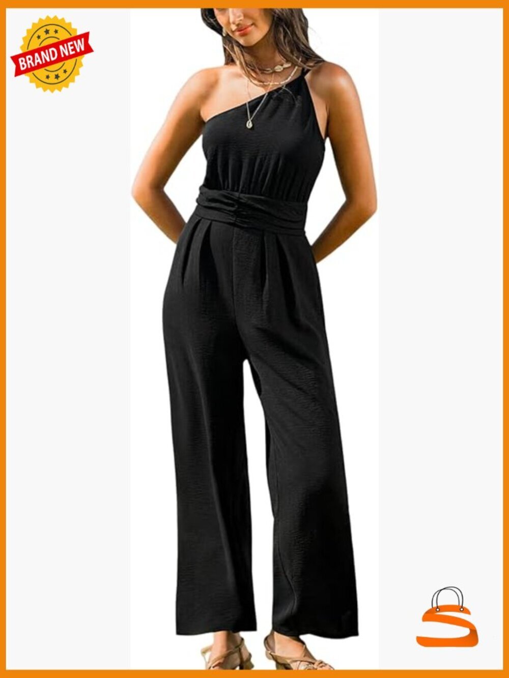One Shoulder Sleeveless Jumpsuit Elastic Waist Wide Leg Romper Summer Beach